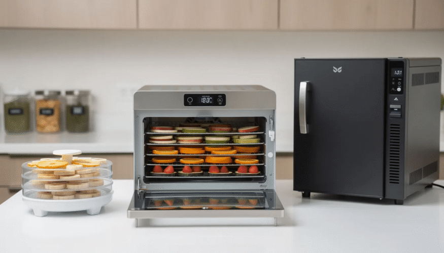 The image features various models of food dehydrators, showcasing stainless steel trays and digital control panels that allow for precise temperature controls. These electric dehydrators are ideal for preserving a variety of foods, including fruits, vegetables, and meats, ensuring long shelf life and delicious dehydrated snacks like beef jerky and fruit leather.