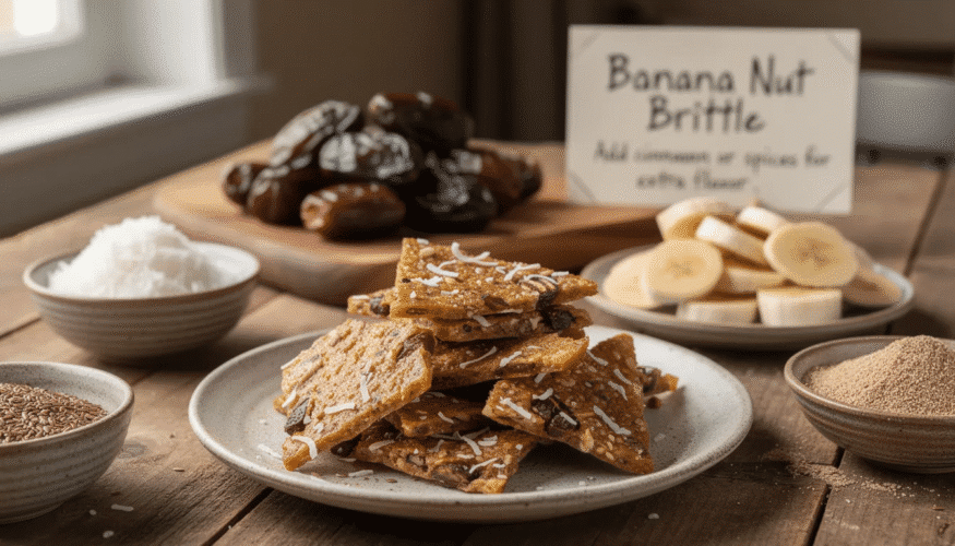 The image shows a bowl filled with a mixture of sliced bananas, chopped dates, shaved coconut, and flax meal, ready to be spread on dehydrator trays. This healthy snack recipe, which can be enhanced with spices like cinnamon, is perfect for creating delicious, bite-sized pieces of Banana Nut Brittle.