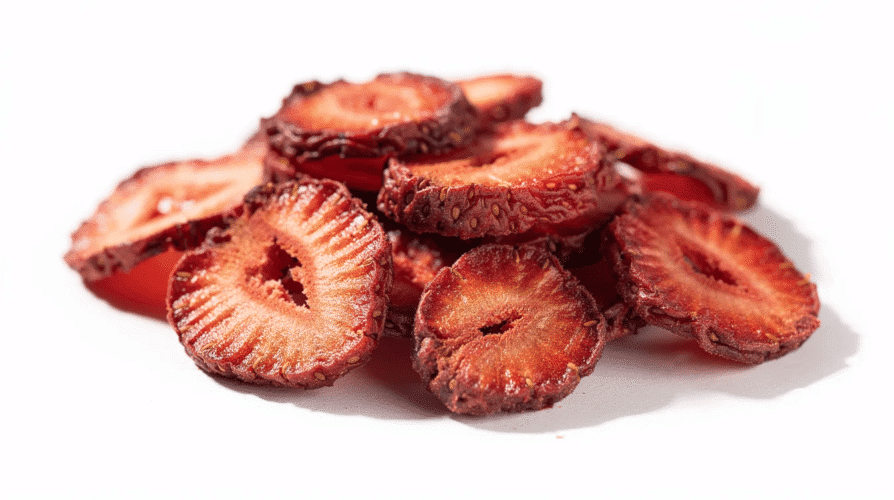 The image features a bowl filled with vibrant red dehydrated strawberries, showcasing their natural sweetness and rich color. These dried strawberries are a healthy snack option, offering numerous health benefits such as high levels of vitamin C and antioxidants, making them a great addition to a balanced diet.