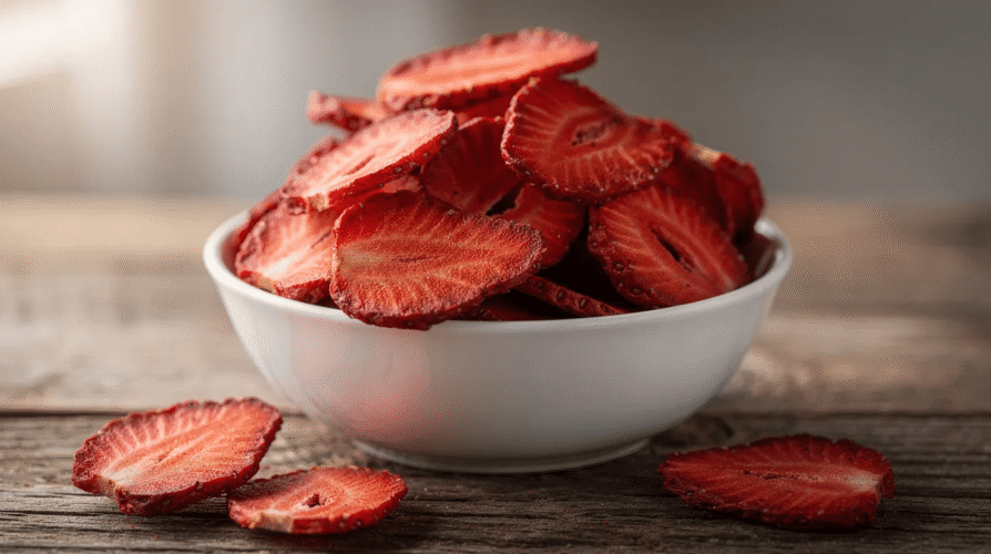 The image features a bowl filled with vibrant red dehydrated strawberries, showcasing their natural sweetness and rich color. These dried strawberries are a healthy snack option, offering numerous health benefits such as high levels of vitamin C and antioxidants, making them a great addition to a balanced diet.