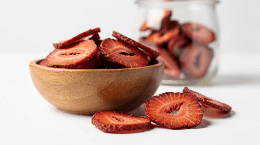The image features a bowl of dehydrated strawberries, showcasing their vibrant red color and natural sweetness, making them a perfect healthy snack. These dried strawberries offer numerous health benefits, including high levels of vitamin C and dietary fiber, making them an excellent addition to a balanced diet.