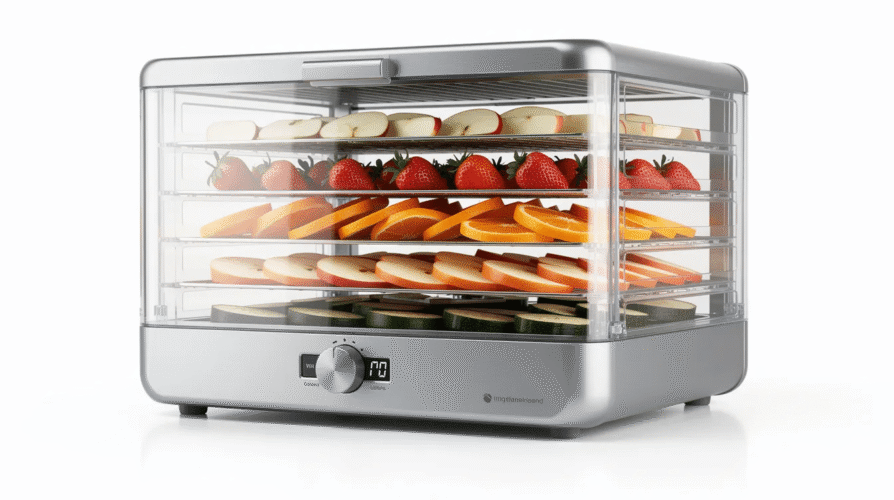 The image shows a food dehydrator with multiple trays filled with an assortment of fruits, vegetables, and herbs, all arranged for drying. The device is designed to efficiently remove moisture, ensuring that the food retains its flavor and nutrients while preventing waste.