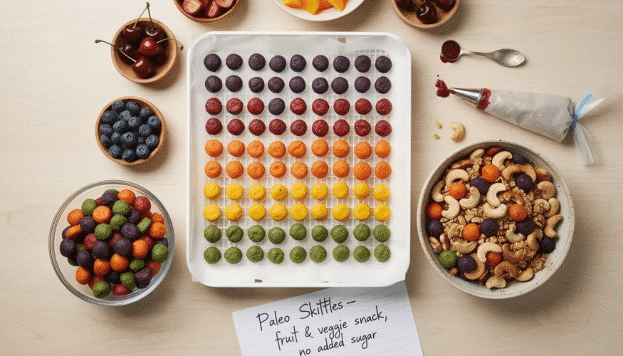 The image shows colorful, homemade Paleo Skittles made from a blend of pureed blueberries, cherries, and other fruits or vegetables, piped onto dehydrator trays for a fun, decorative look. These healthy snacks are perfect for enjoying as a treat or adding to a crunchy trail mix with cashews.