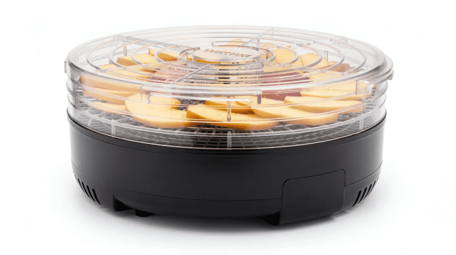 The image features a Waring dehydrator with a circular design, showcasing a transparent top that allows visibility of the trays inside, which can be used for drying fruits, vegetables, and herbs. The bottom of the dehydrator is made of black plastic, providing a sturdy base for efficient food dehydration.