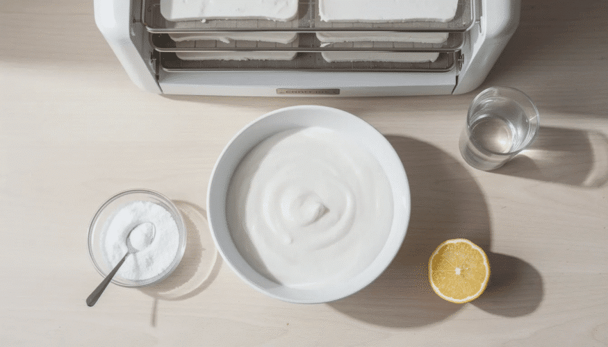The image depicts a bowl filled with a creamy coconut yogurt mixture made from fresh coconut meat, probiotics, water, and lemon juice, ready to be spread onto dehydrator trays for drying. This delicious yogurt can be used in various recipes, including fruit roll-ups and snacks, highlighting the versatility of a nesco dehydrator.