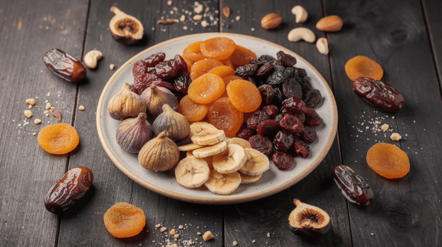 The image features an assortment of dried fruits, including sweetened and unsweetened varieties, mixed with nuts and seeds, creating a vibrant and colorful homemade trail mix. This nutritious snack is rich in healthy fats, fiber, and antioxidants, making it an excellent choice for energy during hikes or as a portion-controlled treat.
