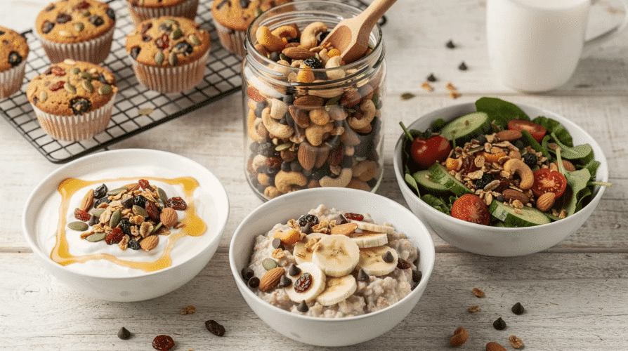 The image depicts a vibrant bowl of homemade trail mix, featuring a colorful assortment of nuts, seeds, dried fruit, and chocolate chips, showcasing its versatility as a nutritious topping for yogurt, oatmeal, or salads. This healthy trail mix not only adds flavor but also provides energy and essential nutrients, making it a popular snack choice.