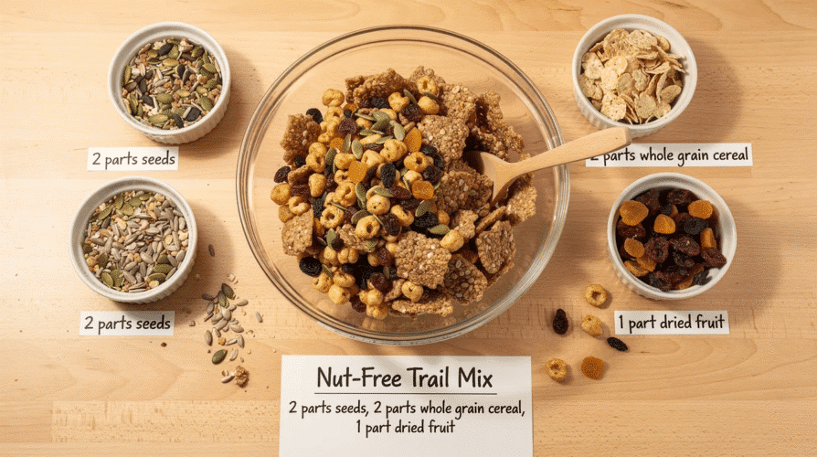 The image depicts a colorful and nutritious nut-free trail mix, featuring a mix of pumpkin seeds, sunflower seeds, dried cranberries, yogurt-covered raisins, and crunchy chickpeas, all arranged in a bowl. This homemade trail mix offers a tasty combination of flavors and textures, perfect for a healthy snack that kids can enjoy at school or during outdoor activities.