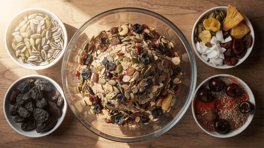 A large bowl filled with a colorful mix of nut-free trail mix ingredients, including sunflower seeds, pumpkin seeds, raisins, and dried tart cherries, is displayed, showcasing the vibrant textures and colors of the homemade snack. This nutritious blend is perfect for kids and adults alike, offering a tasty and healthy option for on-the-go snacking.