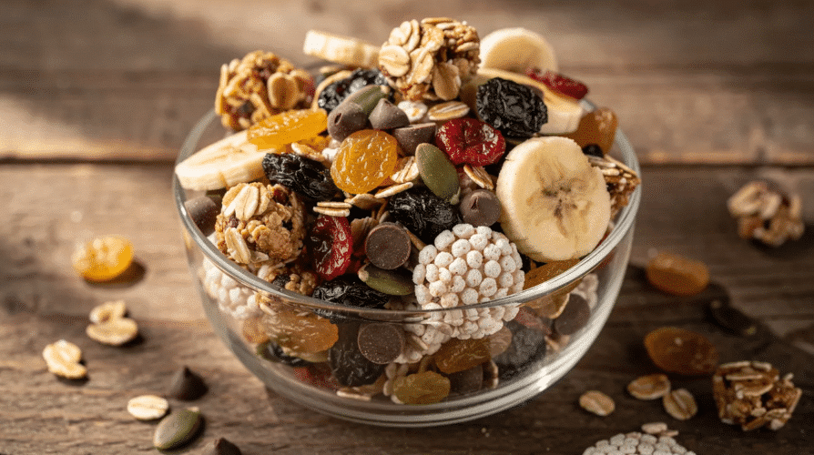 This image features a colorful bowl of nut-free trail mix, showcasing a variety of ingredients such as pumpkin seeds, sunflower seeds, yogurt-covered raisins, dried cranberries, crunchy chickpeas, and chocolate chips. The mix is perfect for a healthy snack option for kids and families, providing a tasty and nutritious blend without any tree nuts.