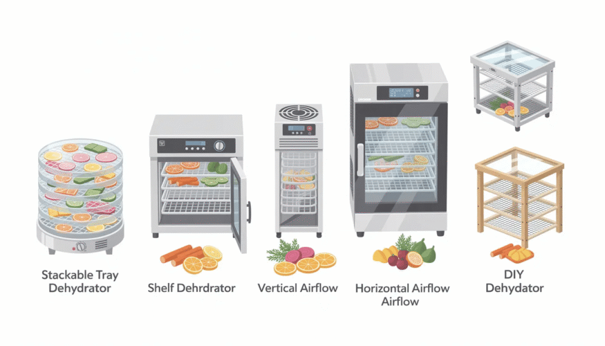 The image showcases various types of food dehydrators, including the Excalibur dehydrator with stainless steel trays and adjustable thermostat features, designed for precision drying of fruits, vegetables, and homemade snacks like beef jerky and fruit leather. Different models are displayed, highlighting options with mesh sheets, digital controls, and varying drying capacities to accommodate a range of dehydrated foods.