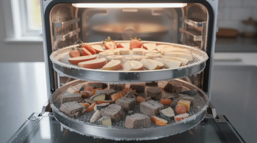 The image depicts the freeze drying process, showcasing a freeze dryer chamber where food items are being subjected to low temperatures and vacuum pressure to remove moisture. This multi-step process involves primary drying sublimation and secondary drying to produce high-quality freeze dried food products with an extended shelf life.
