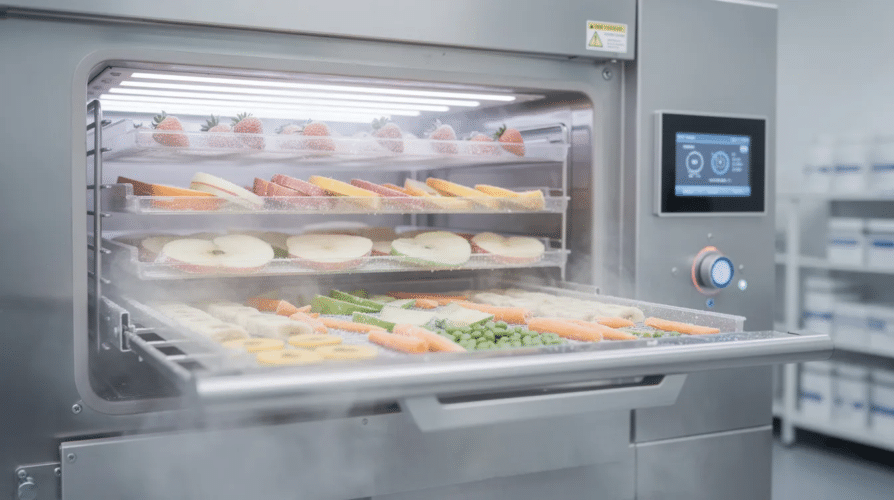The image depicts the freeze drying process, showcasing a freeze dryer chamber where food items are being subjected to low temperatures and vacuum pressure to remove moisture. This multi-step process involves primary drying sublimation and secondary drying to produce high-quality freeze dried food products with an extended shelf life.