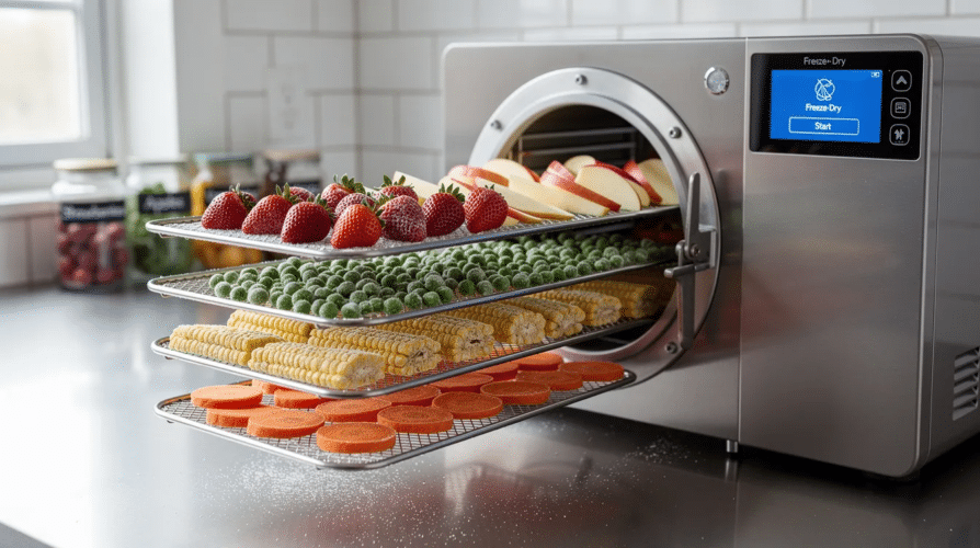 The image depicts the freeze drying process, showcasing a freeze dryer chamber where food items are being subjected to low temperatures and vacuum pressure to remove moisture. This multi-step process involves primary drying sublimation and secondary drying to produce high-quality freeze dried food products with an extended shelf life.