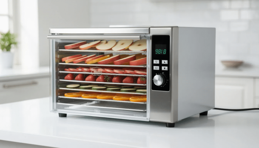 The image features a high-quality Excalibur food dehydrator with stainless steel trays, showcasing a variety of dehydrated foods including beef jerky and kale chips. The dehydrator is designed for precision drying, equipped with adjustable thermostat controls and a powerful fan for optimal drying efficiency.