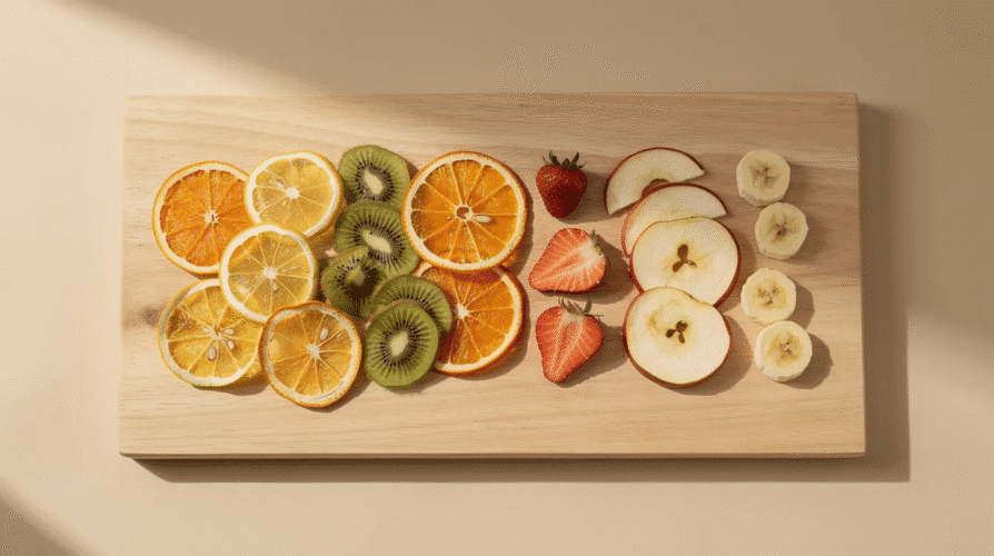 The image features a colorful assortment of dehydrated fruits, including slices of apples, bananas, and strawberries, arranged in a visually appealing manner. These energy-boosting snacks are nutrient-dense options that provide natural sugars and essential vitamins, perfect for maintaining energy levels throughout the day.
