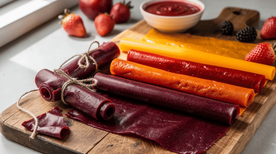 The image features homemade fruit leather, a chewy snack made from pureed fruit that is dried to create a portable, energy-boosting treat. This nutritious option is rich in natural sugars and can help maintain steady energy levels throughout the day.