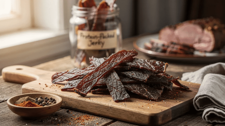The image features a plate of homemade protein-packed jerky, showcasing strips of dried meat that serve as an energizing snack ideal for on-the-go consumption. This satisfying snack is not only a great way to utilize leftover meat but also provides a nutrient-dense option for maintaining steady energy levels throughout the day.