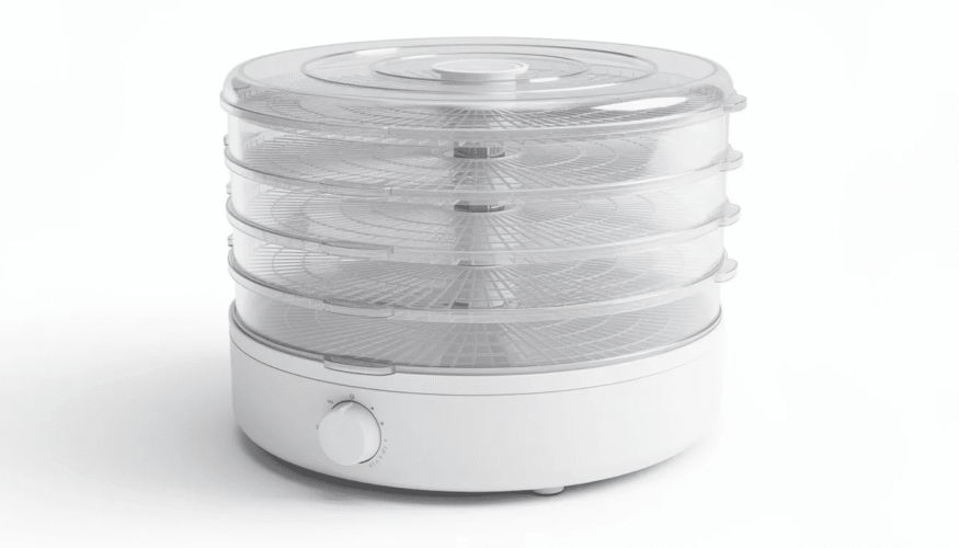 The image shows a stackable 5-tray Magic Chef food dehydrator with a transparent cover, revealing the circular trays inside, which are ready for dehydrating various foods like fruits, meats, and herbs. This model is ideal for making jerky, dried apples, and other snacks at home.