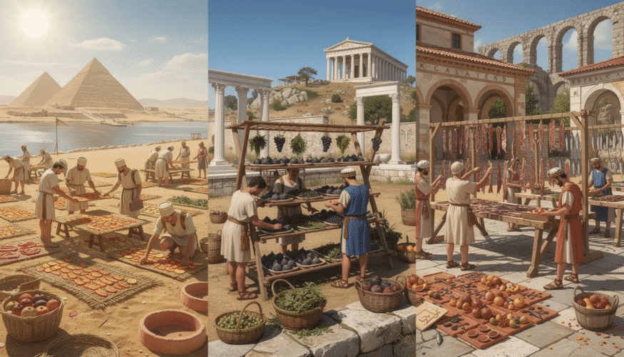 The image depicts an ancient food dehydrator box, showcasing various dried fruits, vegetables, herbs, and meats arranged inside, emphasizing the early methods of food preservation. Warm air circulates within the unit, effectively removing moisture and extending the shelf life of these foods, a practice that has been utilized for centuries.