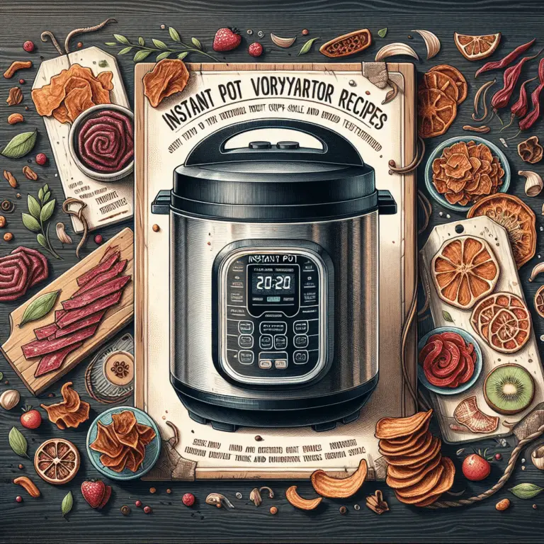 Instant Pot Vortex dehydrator recipes being shown on the image, the image shows beef jerky and fruit.