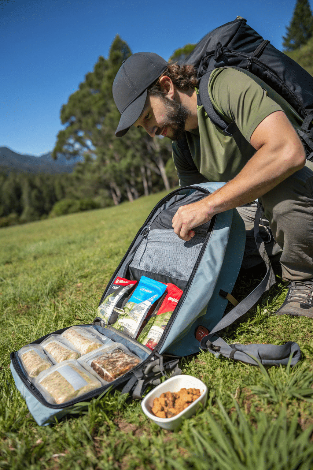 A compact, lightweight backpack filled with dehydrated food packs, showcasing the ease of carrying meals for a hiking trip.