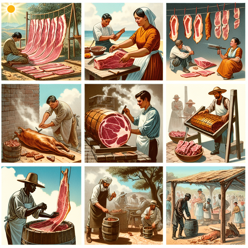 Assorted preserved meats showcasing traditional and modern preservation techniques, including salting, smoking, and vacuum sealing.