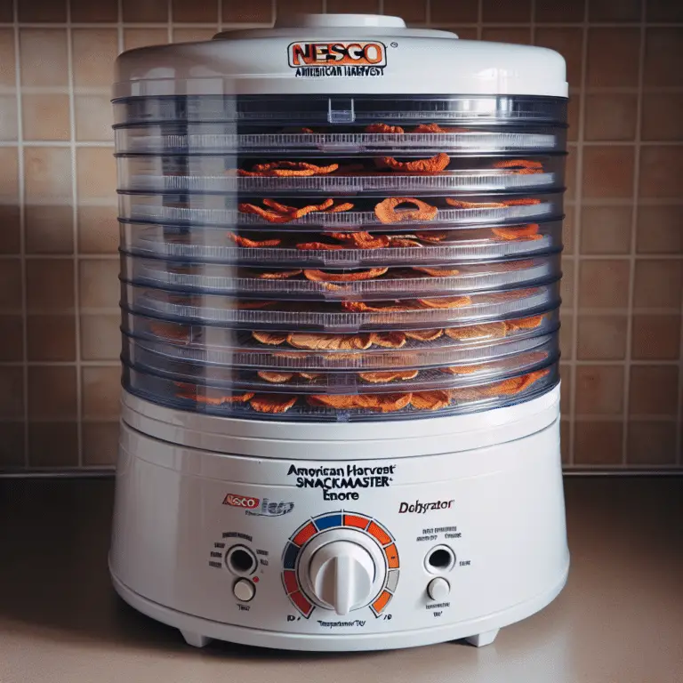 Image of the Nesco American Harvest FD 61 SnackMaster Encore Dehydrator showcasing its design and features for food dehydration.