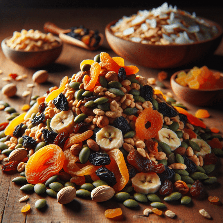 A colorful assortment of nut-free trail mix featuring dried fruits, seeds, and seasonings.