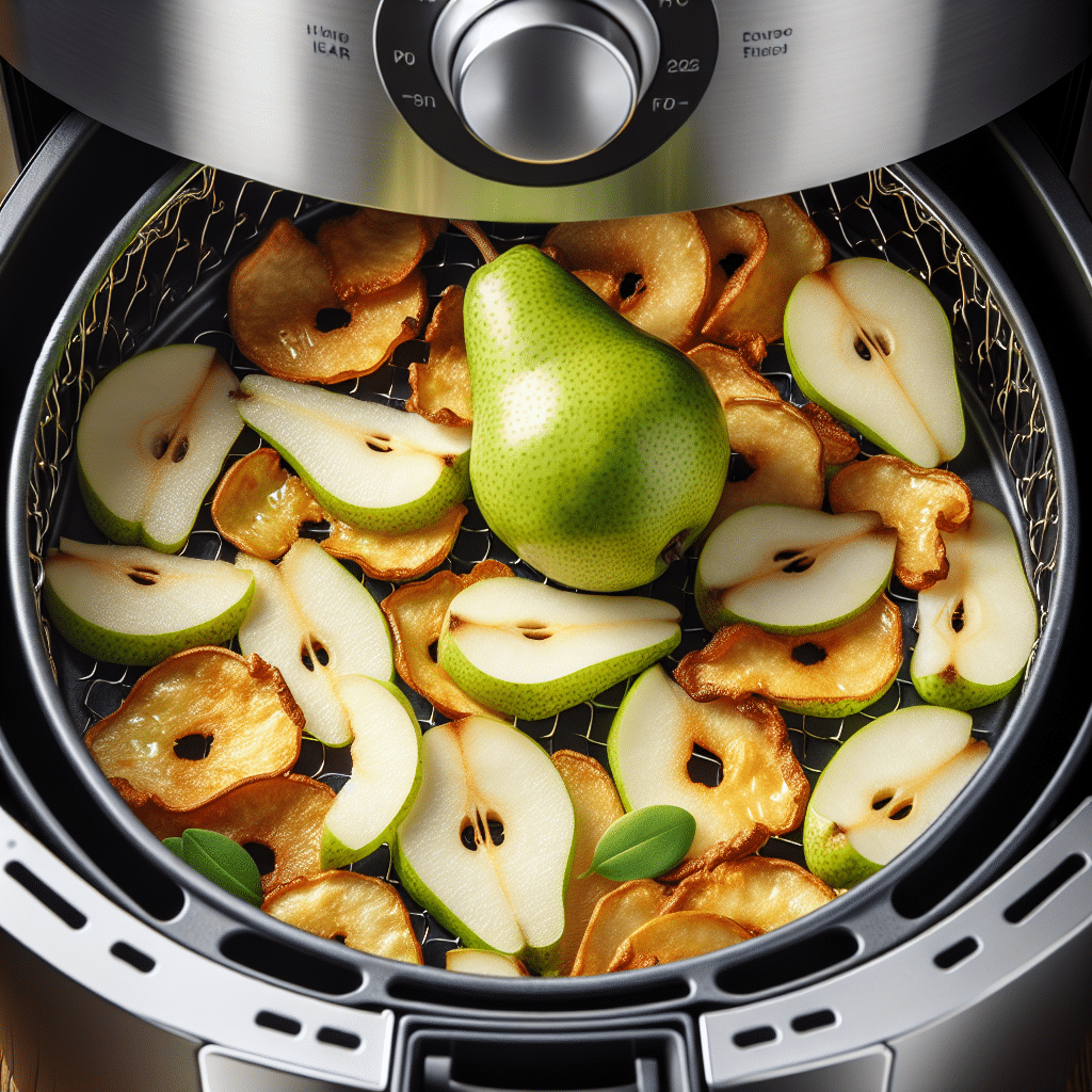 Crispy homemade pear chips made in an air fryer, arranged on a plate, showcasing their golden-brown color and crunchy texture.