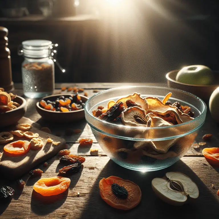 An assortment of dried fruits and vegetables arranged aesthetically, showcasing the process of rehydrating dried foods in a kitchen setting.