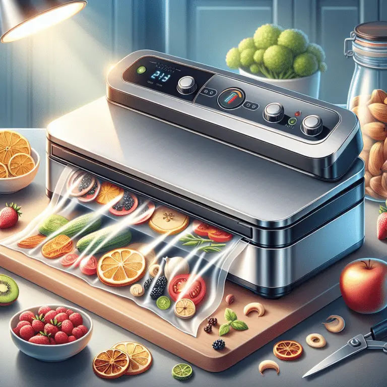Vacuum sealer machine used to preserve dehydrated foods in a modern kitchen setting."