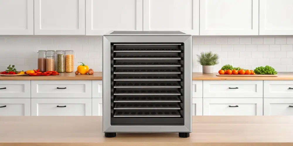 12 tray dehydrator in a kitchen wooden countertop