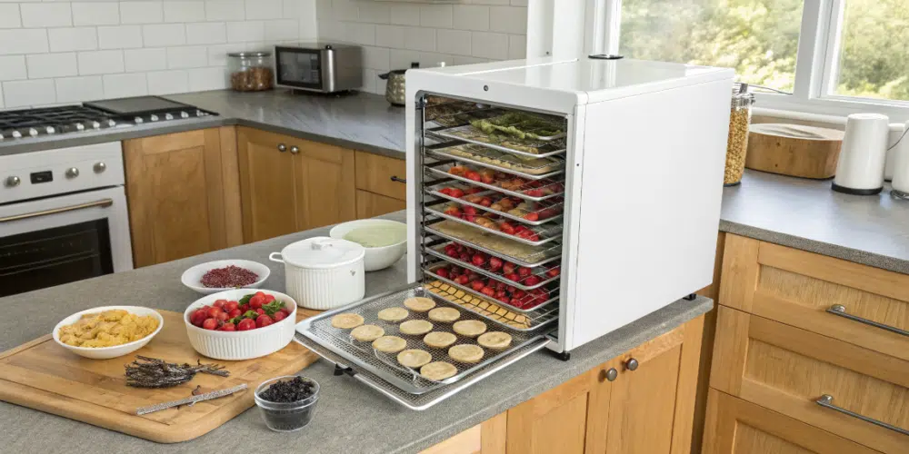 A 12 tray food dehydrator in a kitchen next to chopping board.