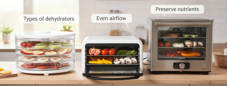 The image shows a modern food dehydrator machine, specifically the Magic Mill model, featuring stainless steel trays and a digital adjustable timer. It highlights the rear mounted drying fan that ensures even air flow for drying fruits, vegetables, and pet food like dog treats efficiently.