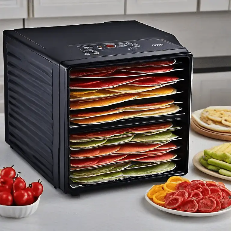 black sleek 8 tray food dehydrator on marble counter.