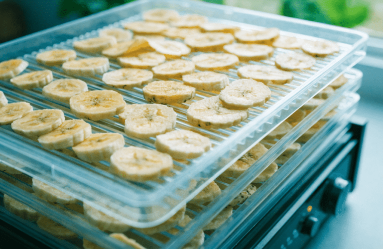 The image depicts a food dehydrator filled with thinly sliced bananas arranged on the dehydrator trays, showcasing the dehydration process for preserving these fruits. This method not only enhances the nutritional value of the bananas but also allows for long-term storage, making them a healthy snack option.