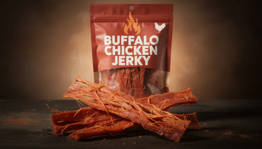 The image showcases a delicious batch of homemade buffalo chicken jerky, featuring thinly sliced chicken breast marinated in spicy buffalo sauce and seasoned with various spices. The jerky is arranged neatly on a cooling rack, highlighting its savory flavor and appealing texture, perfect for a protein-packed snack.