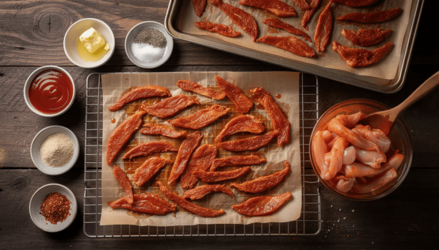 The image showcases a delicious homemade buffalo chicken jerky recipe, featuring marinated chicken strips seasoned with buffalo sauce and spices, ready for the dehydrating process. This savory snack is perfect for those seeking extra protein and great flavor, ideal for camping trips or as a tasty treat.