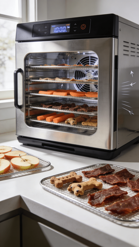 The image showcases a modern food dehydrator machine, featuring a digital adjustable timer and temperature control for precise drying. It includes stainless steel trays that are dishwasher safe, and a rear mounted drying fan that ensures even air flow circulation, making it ideal for dehydrating fruits, vegetables, and pet food like dog treats and beef jerky.