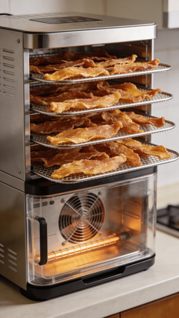 Dehydrated chicken on dehydrator tray.