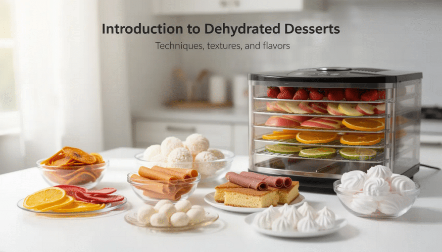The image showcases an array of dehydrated desserts,orange slices, and fruit leather,  next to a food dehydrator.