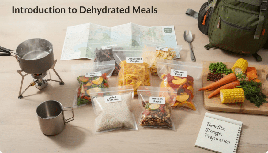 An informative image showcasing a variety of dehydrated meals ideal for camping and backpacking trips, including options like chicken coconut curry, beef stroganoff, and pad thai. The meals are presented in food bags, emphasizing their convenience and long shelf life, perfect for outdoor adventures and satisfying calorie needs.