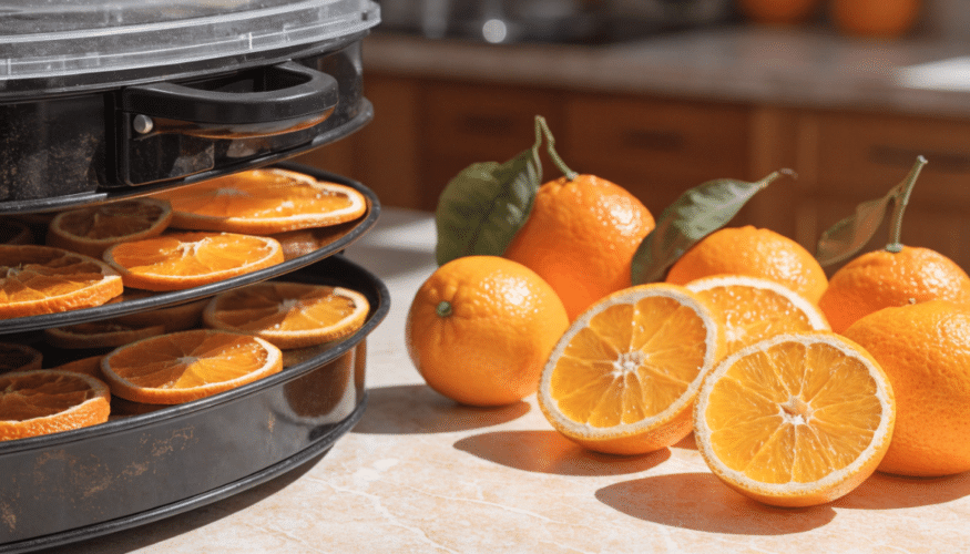 Sliced oranges next to dehydrator.