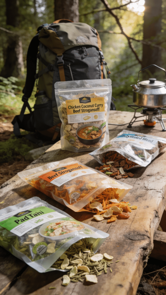 The image showcases a variety of dehydrated meals ideal for camping and backpacking trips, including options like chicken coconut curry, beef stroganoff, and pad thai, all packaged in convenient food bags. These meals are designed for easy preparation with just hot water, making them a perfect choice for hikers seeking filling and delicious options on their next adventure.