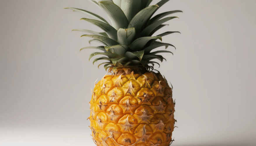 The image shows a ripe, fresh pineapple with its vibrant yellow and green skin, sitting on a wooden surface. Slices of pineapple are arranged nearby, highlighting the juicy, sweet interior, perfect for enjoying fresh or using in recipes like dehydrated pineapple snacks.