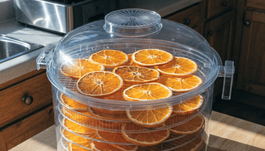Dried oranges in dehydrator.