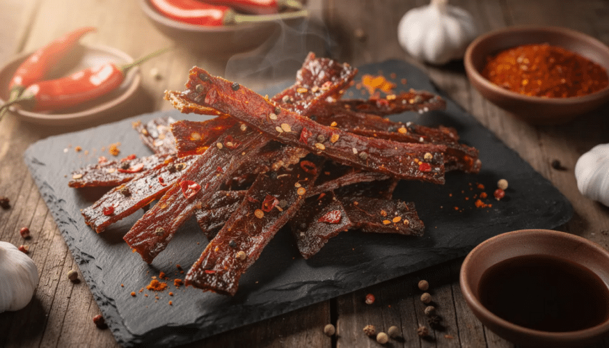 Spicy Chicken Jerky on a slate.