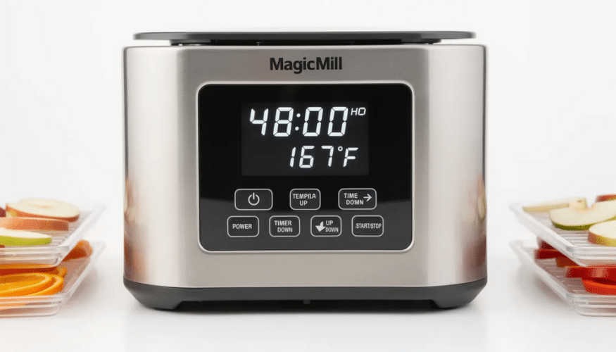 The image showcases the digital timer and controls of the Magic Mill food dehydrator, featuring a user-friendly interface with a digital adjustable timer and temperature control. This electric dehydration machine allows for precise settings to dry various foods, including fruits and vegetables, ensuring even air flow and optimal results.
