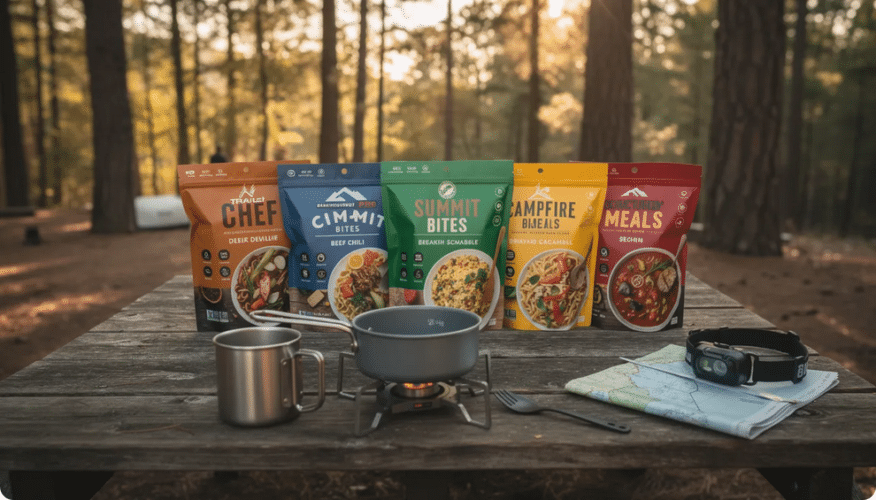 The image showcases a variety of dehydrated meals for camping, including options like chicken coconut curry and beef stroganoff, all neatly packed in colorful bags. These backpacking meals are designed for convenience, requiring just hot water for preparation, making them ideal for hiking trips and car camping adventures.